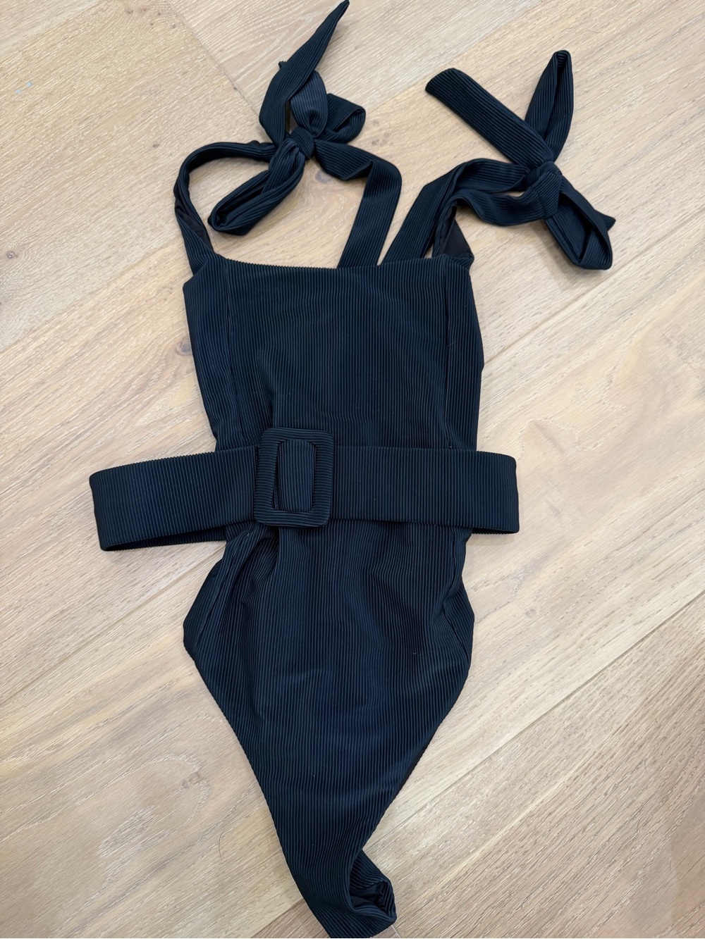 Beach Riot Black Ribbed One-Piece Swimsuit with Tie Straps and Wide Belt